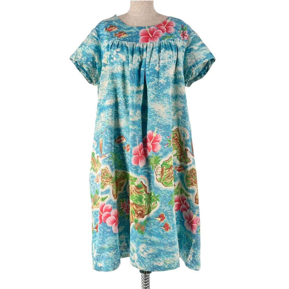 Vintage 60s MuuMuu House Dress Ui Maikai Hawaiian 1960s Tropical Hawaii Print